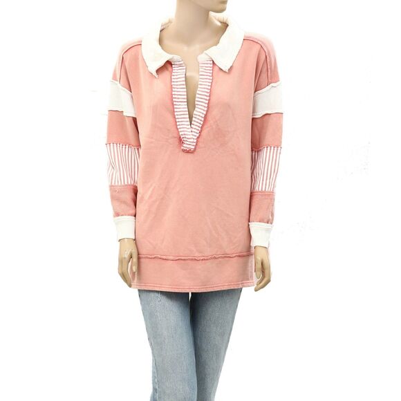 Free People We The Free Clean Prep Polo Pullover Top Oversized Striped XS 281002 - Picture 4 of 8